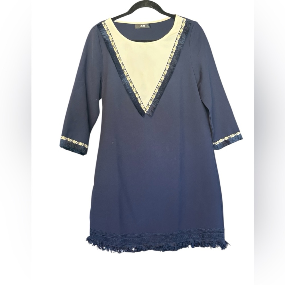 Blue White Long Sleeve Slip Dress V Neck Detail Fringe Edges Size XL Vintage